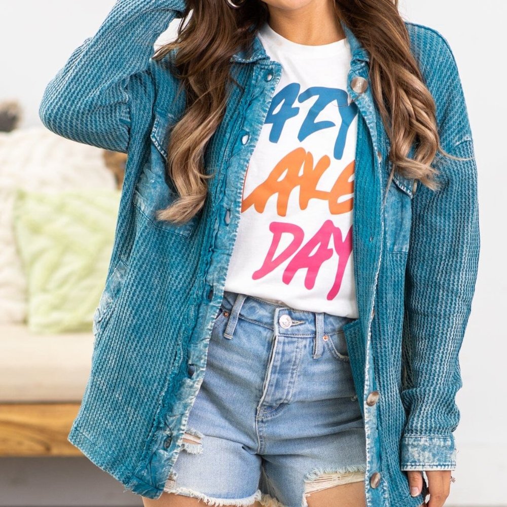 Zenana Outfitters Blue Waffle Knit Button-Up Top